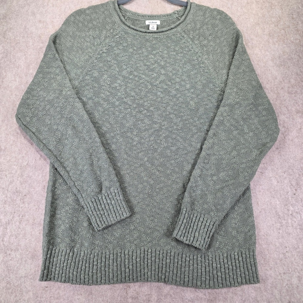LL Bean Mens Medium Olive Green Cotton Textured Crewneck Raglan Sweater  H721